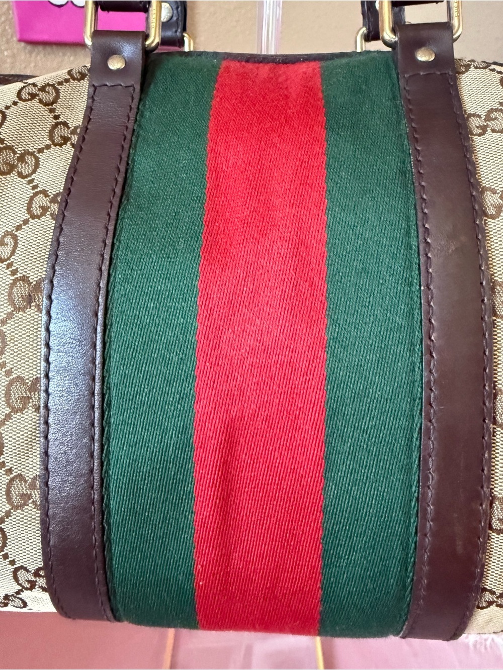 💯Auth! GUCCI Mono Canvas Boston Bag Green & Red Web Sherry Stripe Gold Hardware - Picture 11 of 17